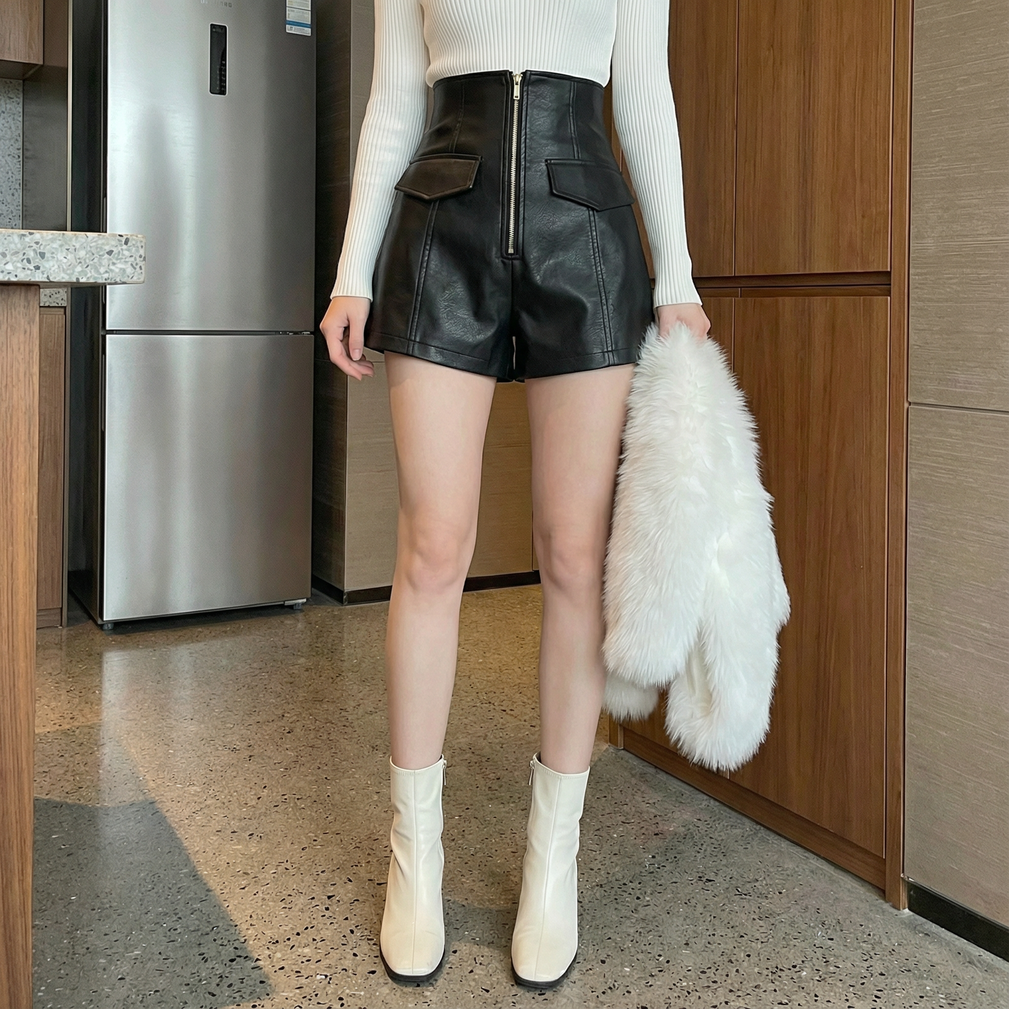 Short de Couro Cintura Alta Feminino