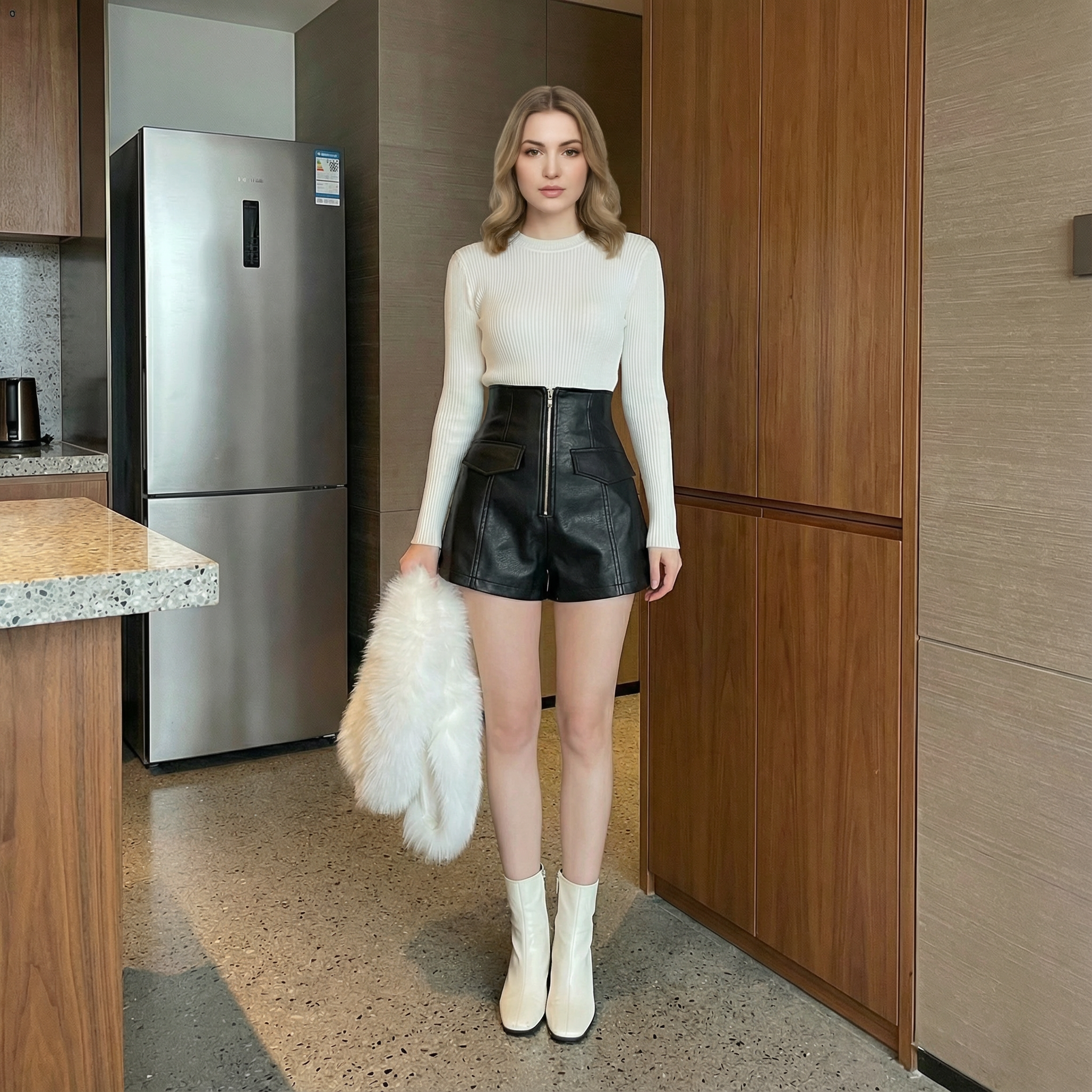 Short de Couro Cintura Alta Feminino